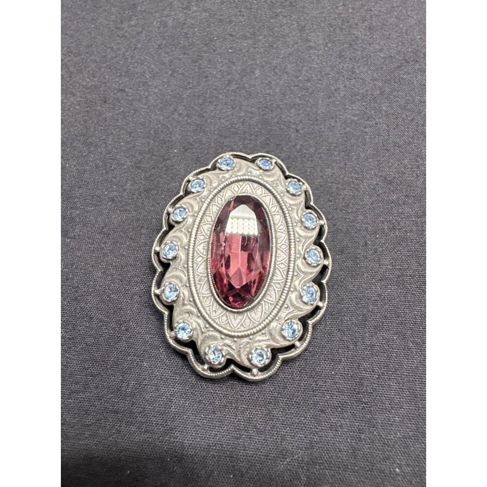 Vintage Oval Silver Tone Brooch With Purple & Blue Stones